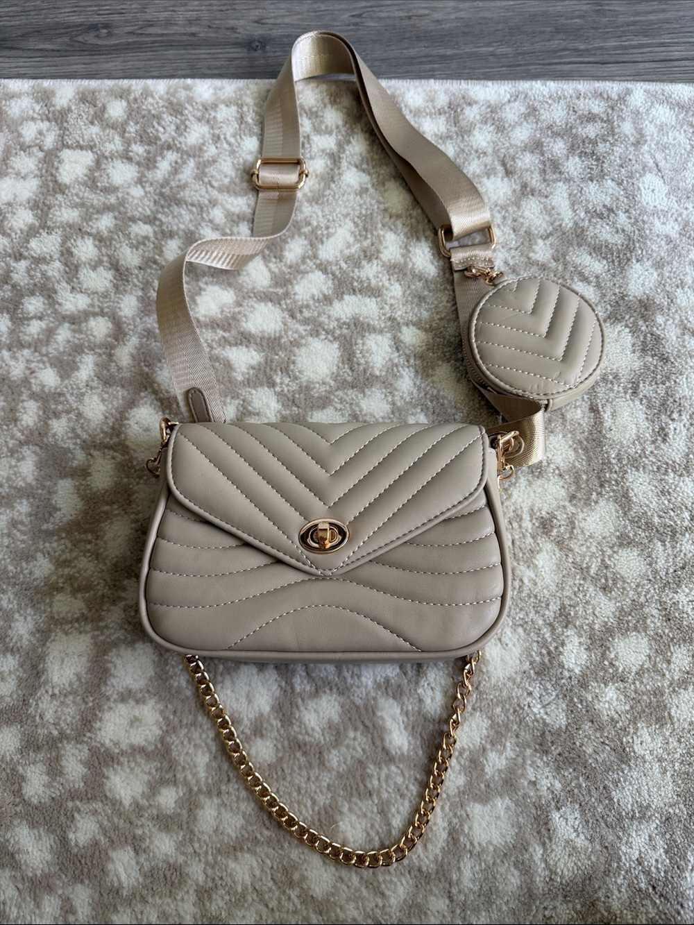 Quilted Crossbody Shoulder Bag with Coin Pouch - Taupe